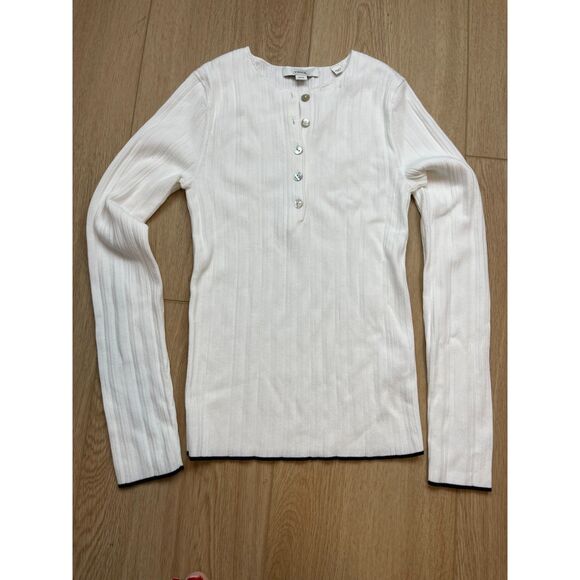 Vince Tops - Vince White Ribbed Henley Long Sleeve Cotton Blend Top Size XS